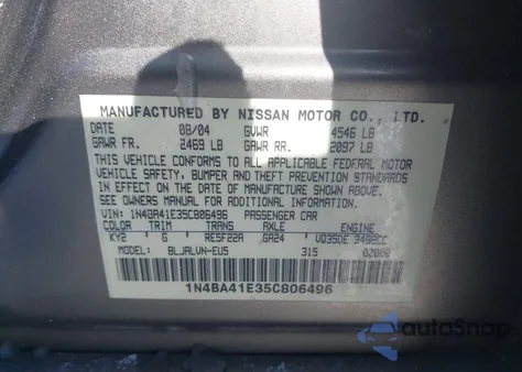 2005 Nissan Maxima 3.5 Sl from USA, damaged, VIN 1N4BA41E35C806496
